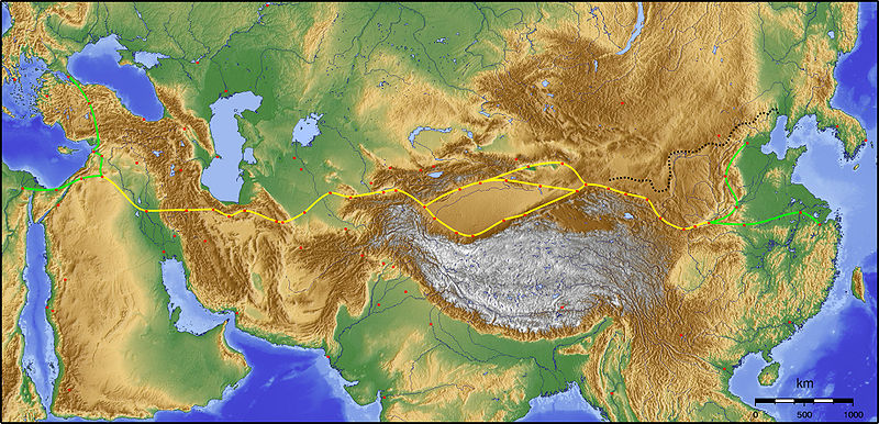 Kartbild över Kina med sidenvägen markerad