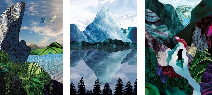 Tre bilder på färggranna landskap