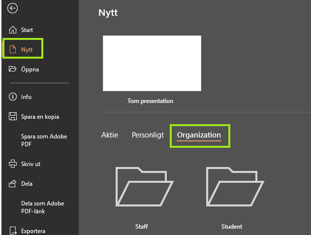 Sk&auml;rmdump f&ouml;r att v&auml;lja "Nytt" och sedan "Organization" och mappen "Staff" f&ouml;r att n&aring; mallarna