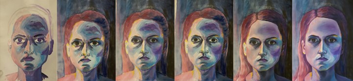 Bild som visar hur en målning av en kvinna blir mer och mer klar