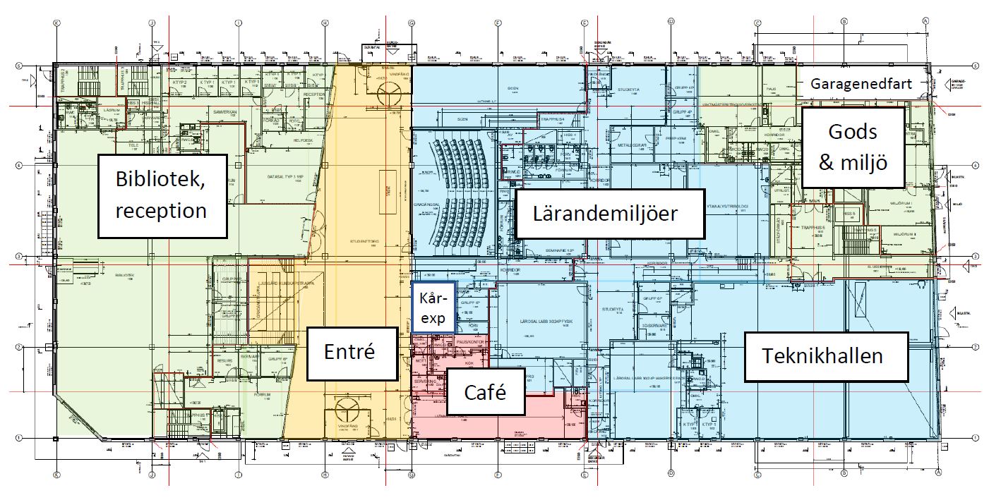 Planskiss över ett våningsplan där olika färger markerar olika funktioner. 