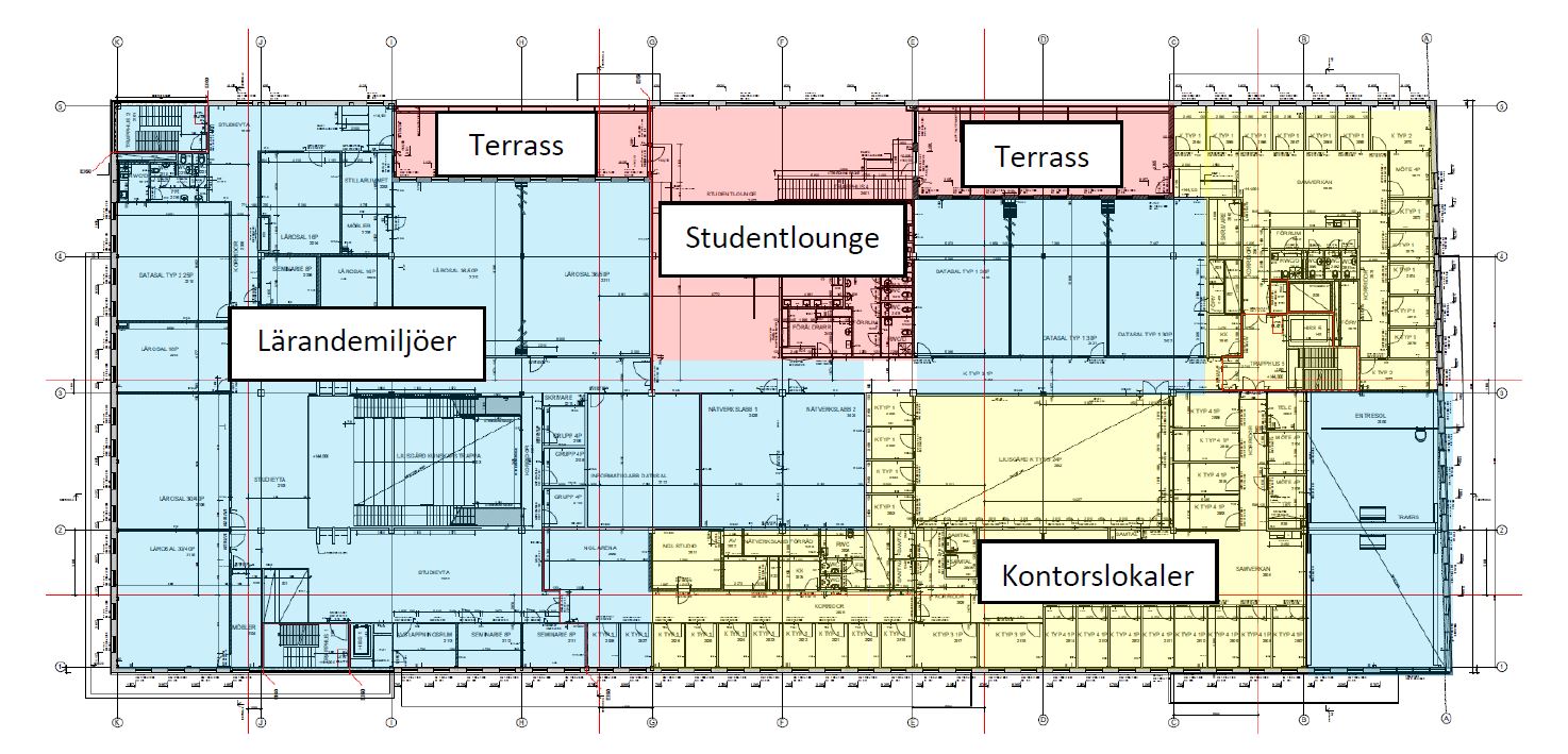 Planskiss över våningsplan som beskriver vad som återfinns.