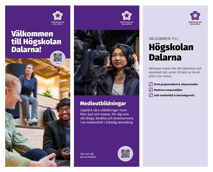 Tre exempel på roll ups i Högskolan Dalarnas grafiska profil, med olika kombinationer av rubriker, bilder och grafiska element.