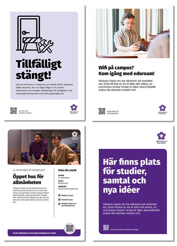 Fyra exempel p&aring; affischer i H&ouml;gskolan Dalarnas grafiska profil, med olika kombinationer av foto, illustration, text och f&auml;rg.