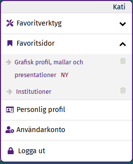 Skärmdump på menyn där favoritsidor är ett alternativ, ovh en lista på favoritsidorna därunder