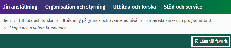 Skärmdump på medarbetarwebbens sidhuvud och länken "Lägg till favorit"