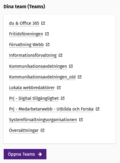 Skärmdump på en lista med de team den inloggade personen är medlem i (i Teams)