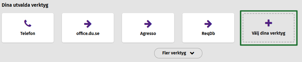 Skärmdump från medarbetarwebbens startsida. Bilden visar ikoner för utvalda verktyg, samt knappen "Välj dina verktyg".