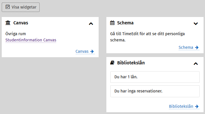 Skärmdump på widget-ytan på medarbetarwebbens startsida, med kryssrutan "Visa widgetar" ikryssad. I exemplet syns då Canvas-rum, schema och bibliotekslån.