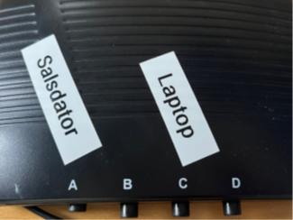HDMI-switch med markeringarna "Salsdator"  (port A) och "Laptop" (port C)