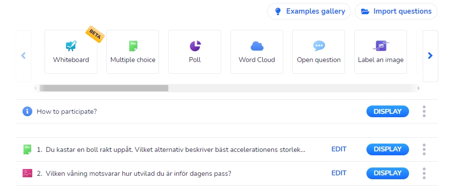 Bilden visar en skärmdump från Wooclap med olika typer av frågor samt två länkar för att importera frågor. 