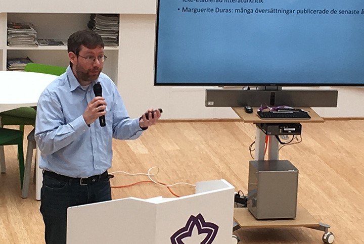 Mattias Aronsson var en av forskarna. Han beskrev sitt arbete om receptionen av Marguerite Duras verk i Sverige.