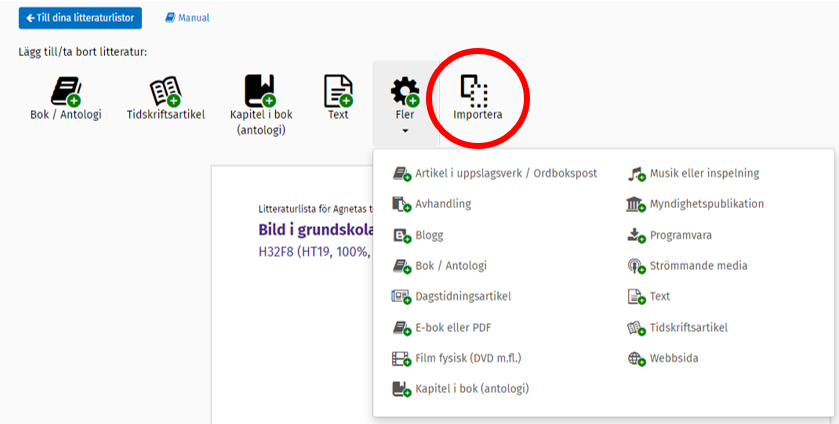Vy &ouml;ver sidan d&auml;r du importerar befintliga litteratur