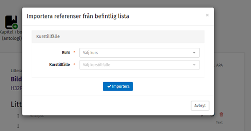 Vy &ouml;ver sidan d&auml;r du importerar referenser fr&aring;n befintlig lista
