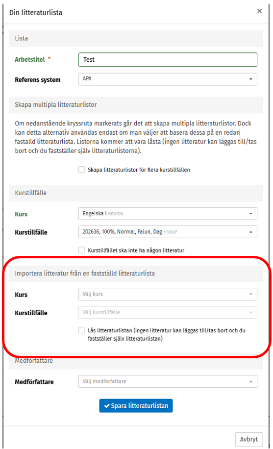 Vy &ouml;ver sidan d&auml;r du importerar befintlig lista