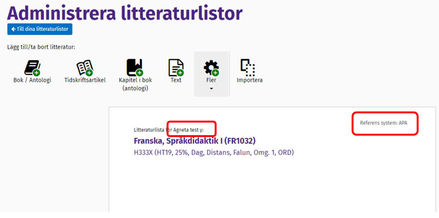 Vy &ouml;ver sidan d&auml;r du administrerar litteraturlistor