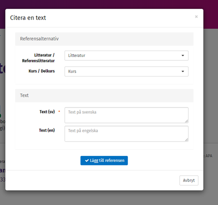 Vy &ouml;ver sidan d&auml;r du l&auml;gger till citat fr&aring;n litteratur