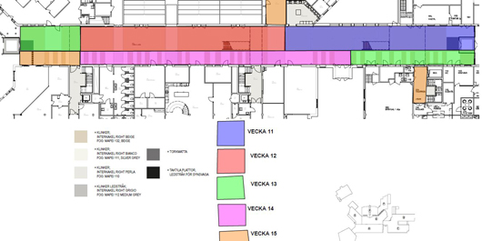 Karta över Ljusgården på Campus Falun med markeringar som förklarar processen med golvläggning