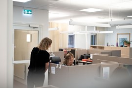 Två kvinnliga kollegor pratar vid skrivbord i öppen kontorsmiljö. 