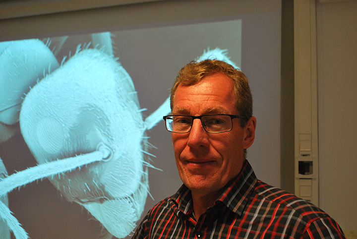 Professor Mikael Olsson in front of a projector screen showing a magnified organism