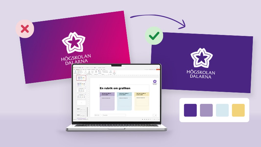Illustration av Högskolan Dalarnas uppdaterade grafiska profil. En tidigare färgtoning ersätts av en enfärgad lila bakgrund. Framför visas en dator med den uppdaterade PowerPoint-mallen och exempel på högskolans färger.