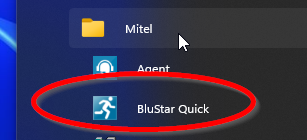 Skärmdump på BlueStar Quick-ikonen som ligger i Mitel-mappen från startmenyn