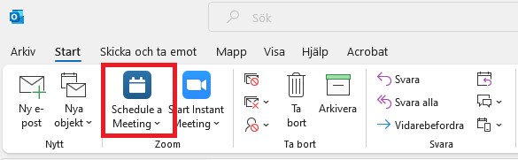 Del av Outlook med röd markering runt symbolen ”Schedule a Meeting”.