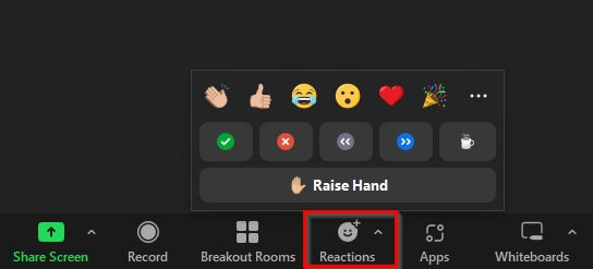 Liten del av Zoom med flera olika emojis som till exempel ”Raise Hand” och med en röd markering runt knappen ”Reactions”.