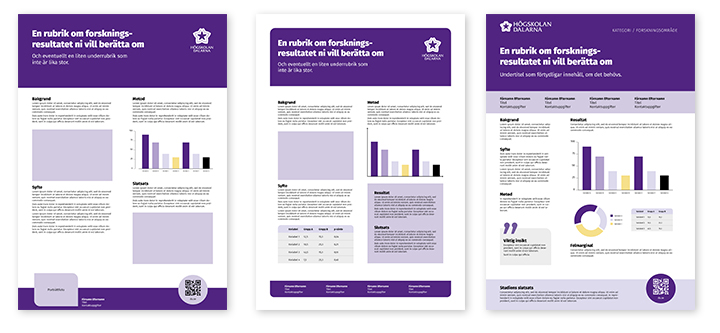 Tre exempel p&aring; layout f&ouml;r vetenskapliga postrar enligt H&ouml;gskolan Dalarnas grafiska profil. Postrarna visar olika s&auml;tt att disponera rubriker, br&ouml;dtext, bilder och grafiska element f&ouml;r att presentera forskningsresultat.