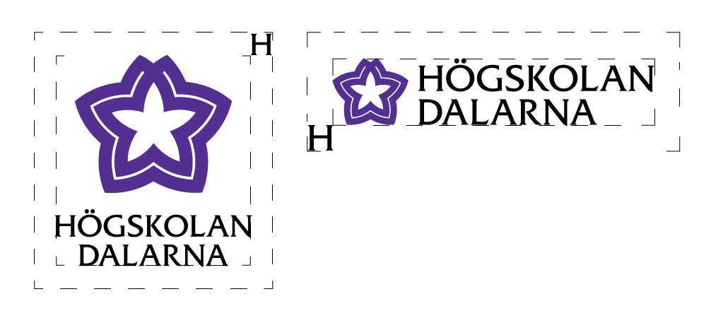 Illustration som visar frizonen runt Högskolan Dalarnas stående och liggande logotyp. Frizonen motsvarar måttet H runt logotypen.