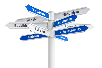 Skyltar med olika religioner