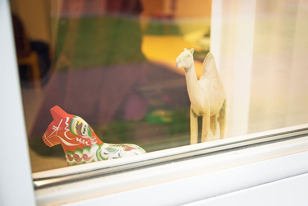 Wooden horse and wooden camel behind a window