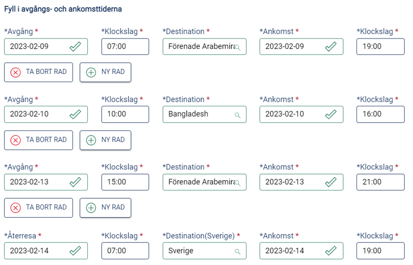 Skärmdump över ifyllnad av datum för avgång och ankomst