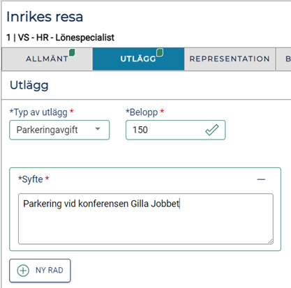 Skärmdump på fliken "Utlägg"