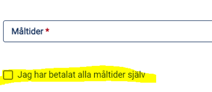 Skärmdump med kryssruta som ska bockas i om man har betalat alla måltider själv