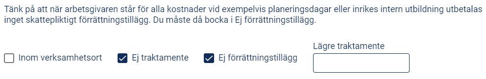 Skärmdump på kryssrutorna "Ej traktamente" och "Ej förrättningstillägg"