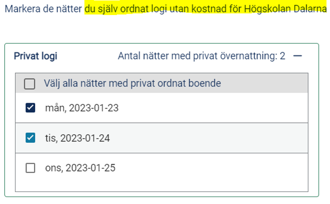 Skärmdump på markering av nätter med privat logi