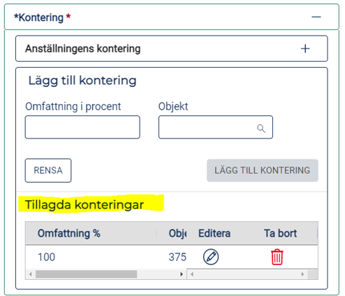 Skärmdump som visar hur det ser ut när en kontering lagts till