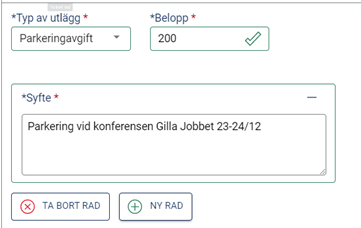 Skärmdump där placering av knappen "Ny rad" visas