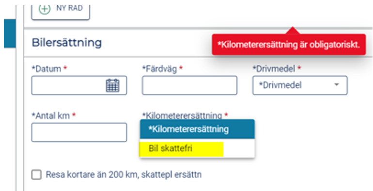 Skärmdump på obligatoriska fält vid endast bilresa