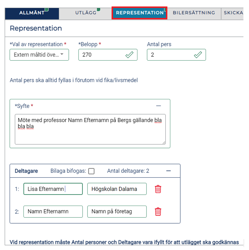 Skärmdump över fält som ska fyllas i vid representation