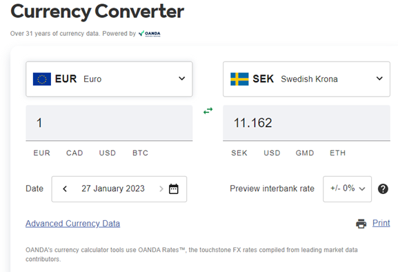Skärmdump på valutaomvandlarverktyget / "Currency Converter"